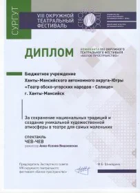 Скан награды: Диплом номинанта VIII окружного театрального фестиваля «Белое пространство», 2018 год